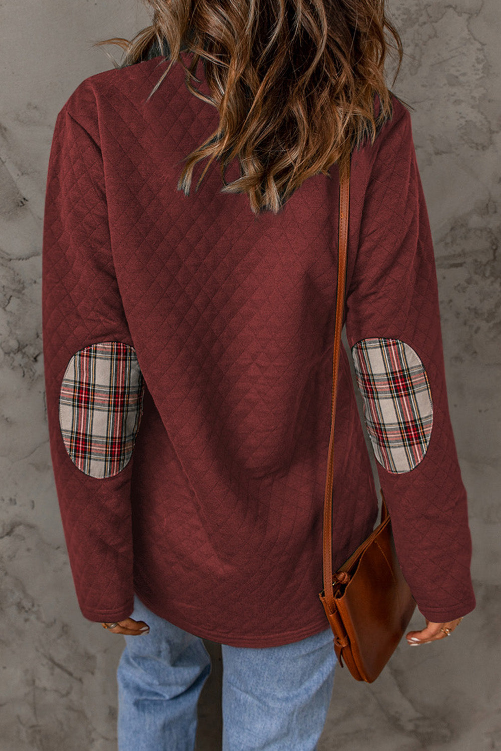 Plaid Geometric Texture Trim Buttons Neck Sweatshirt