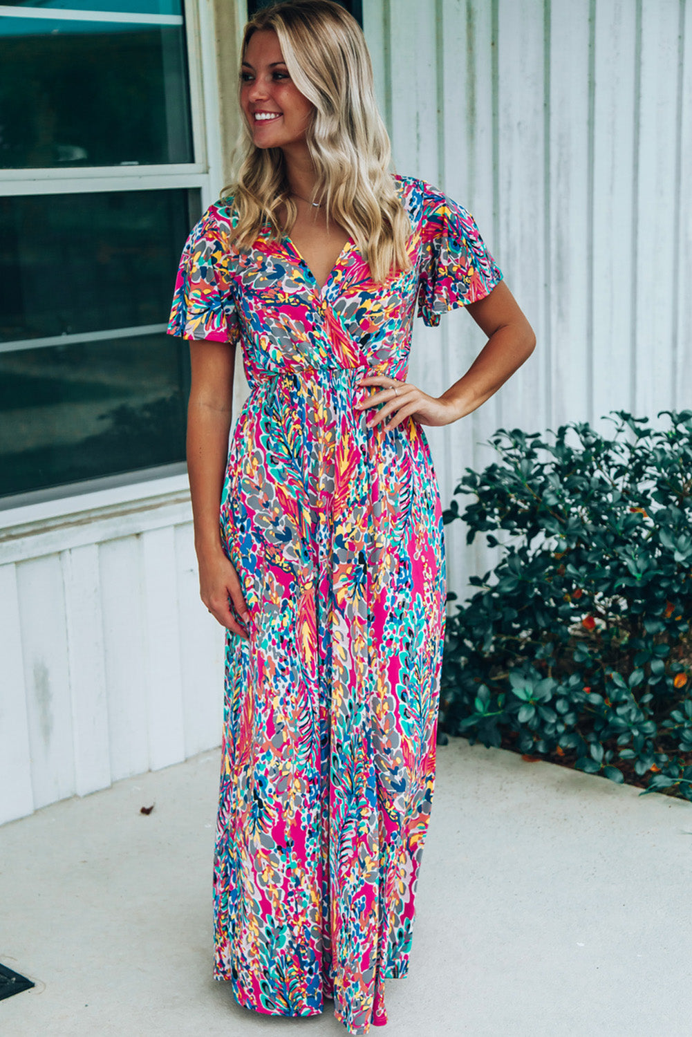 Abstract Print Wrap V Neck Flutter Sleeve Mid Length Summer Dress