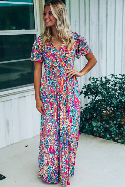 Abstract Print Wrap V Neck Flutter Sleeve Mid Length Summer Dress