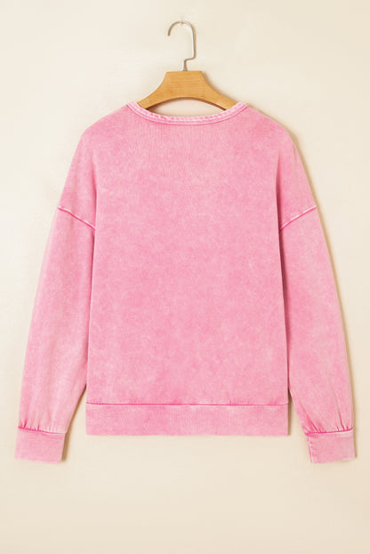 Bright Pink Mineral Wash Waffle Bow Patched Pullover Sweatshirt