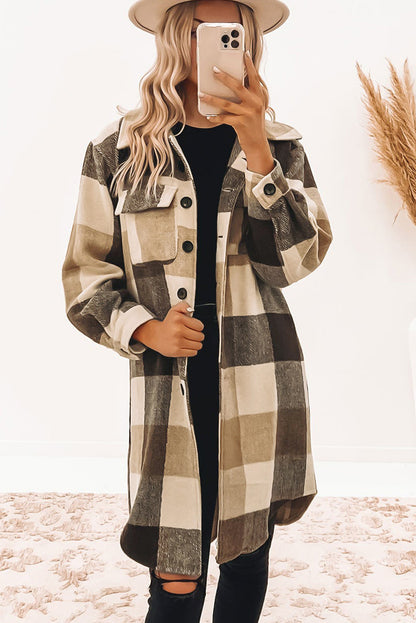 Khaki Plaid Colorblock Button Down Flap Pocket Long Shacket