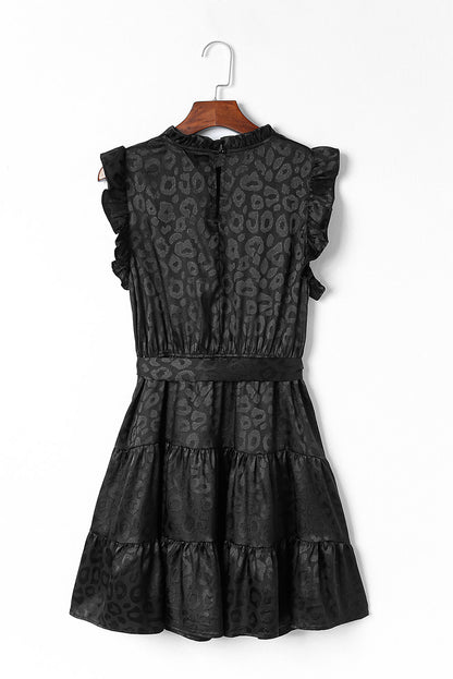 Rosy Satin Jacquard Sleeveless A-Line Leopard Print Dress