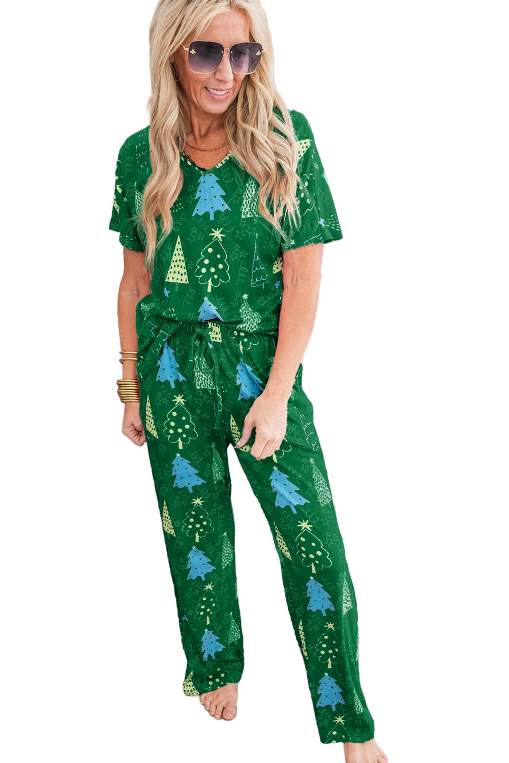 Christmas Tree Print V Neck Tee and Pants Pajama Set