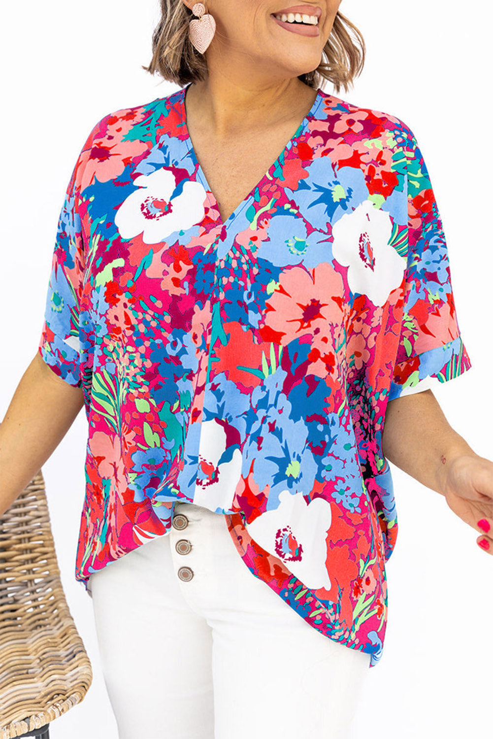 Multicolor V Neck Dolman Sleeve Plus Size Floral Blouse