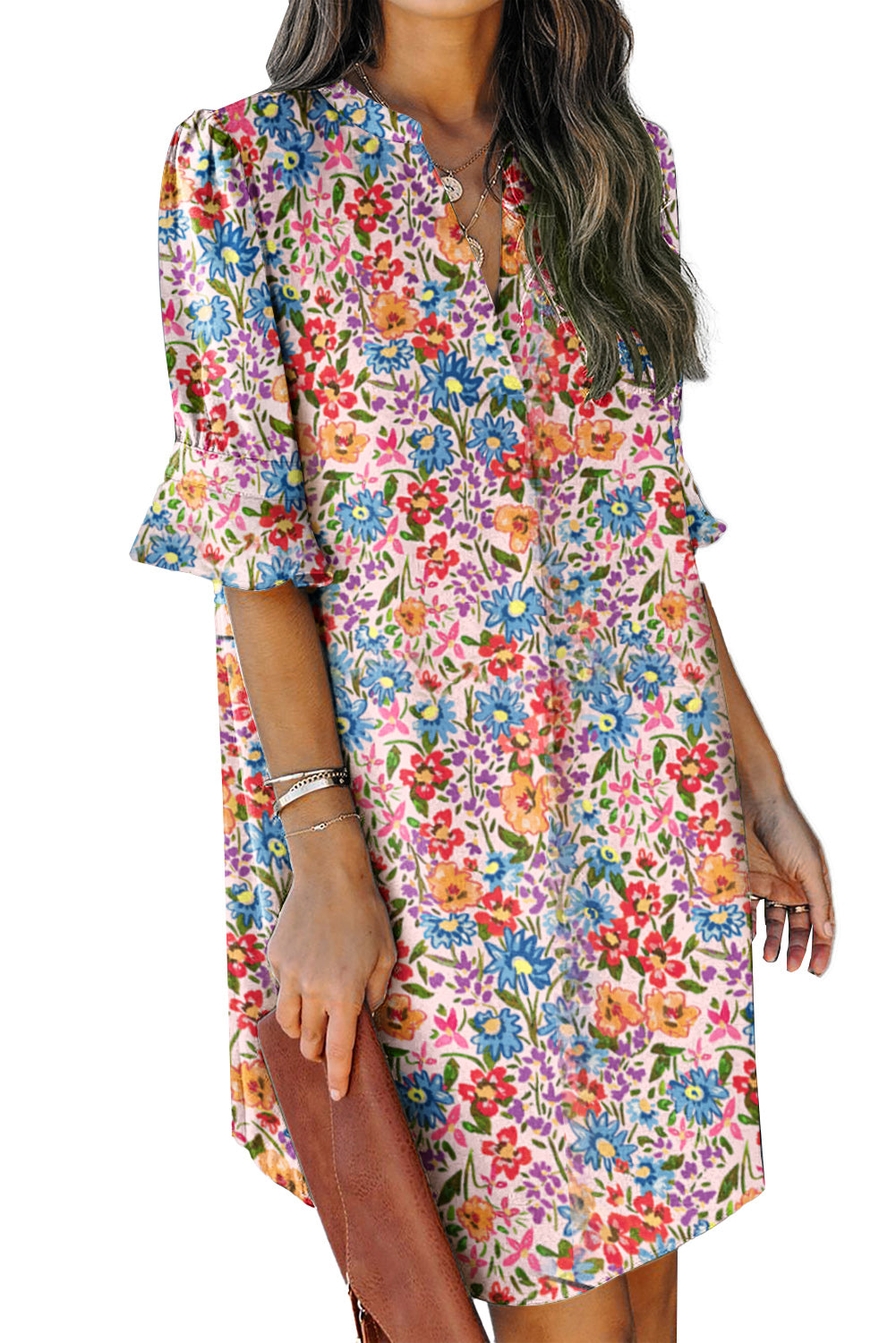 Multicolor Floral Print Smocked Cuffs Long Sleeve Blouse