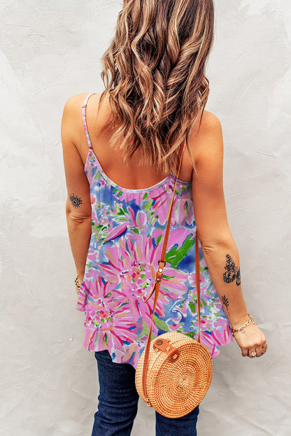 Abstract Floral Print Split V Neck Short Sleeve Blouse