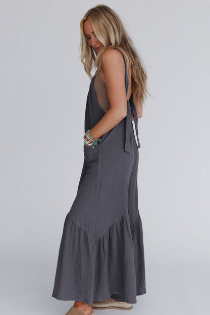 Black Solid Color Pockets Pleated Flare Leg Jumpsuit