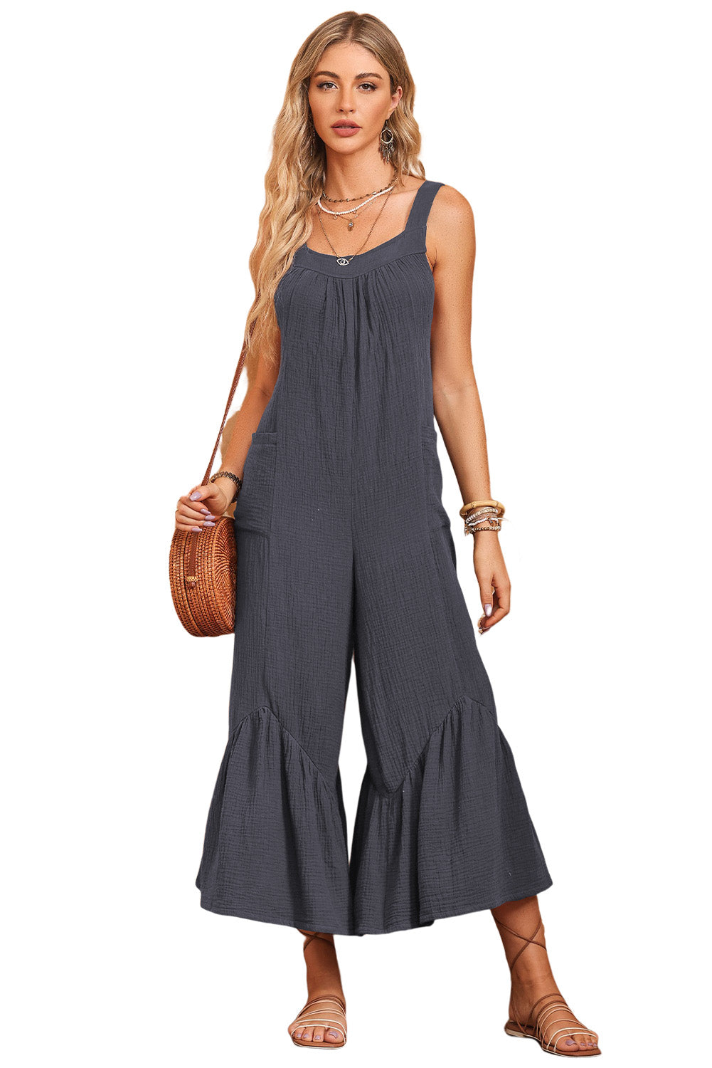 Black Solid Color Pockets Pleated Flare Leg Jumpsuit