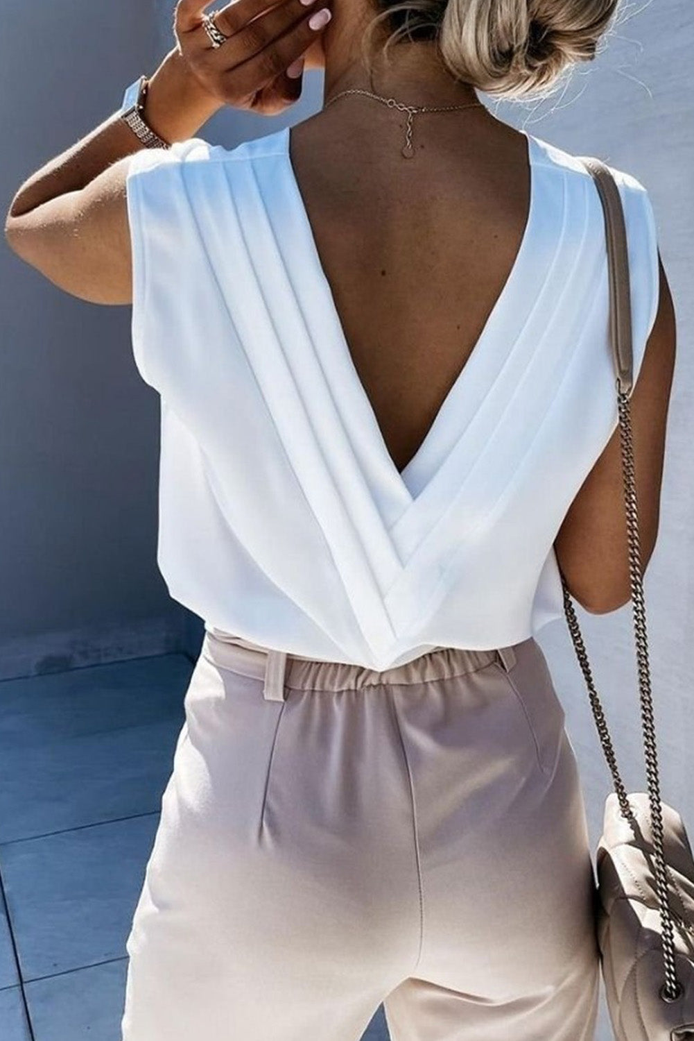 Pleated Backless V Neck Sleeveless Shirt