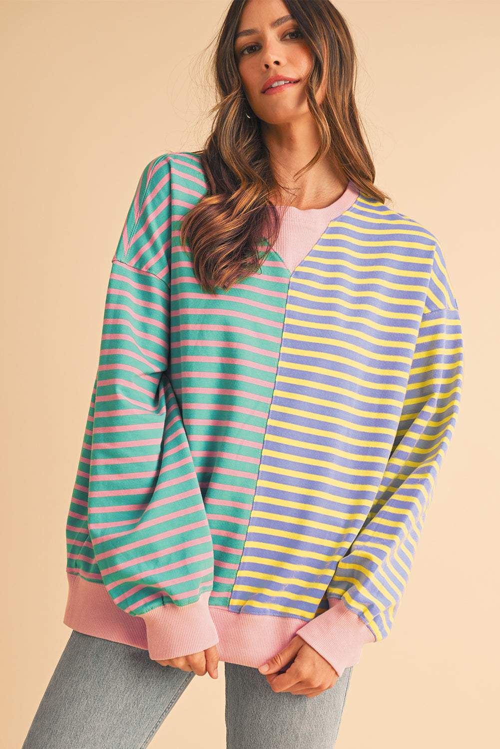 Stripe Colorblock Drop Shoulder Oversize Sweatshirt