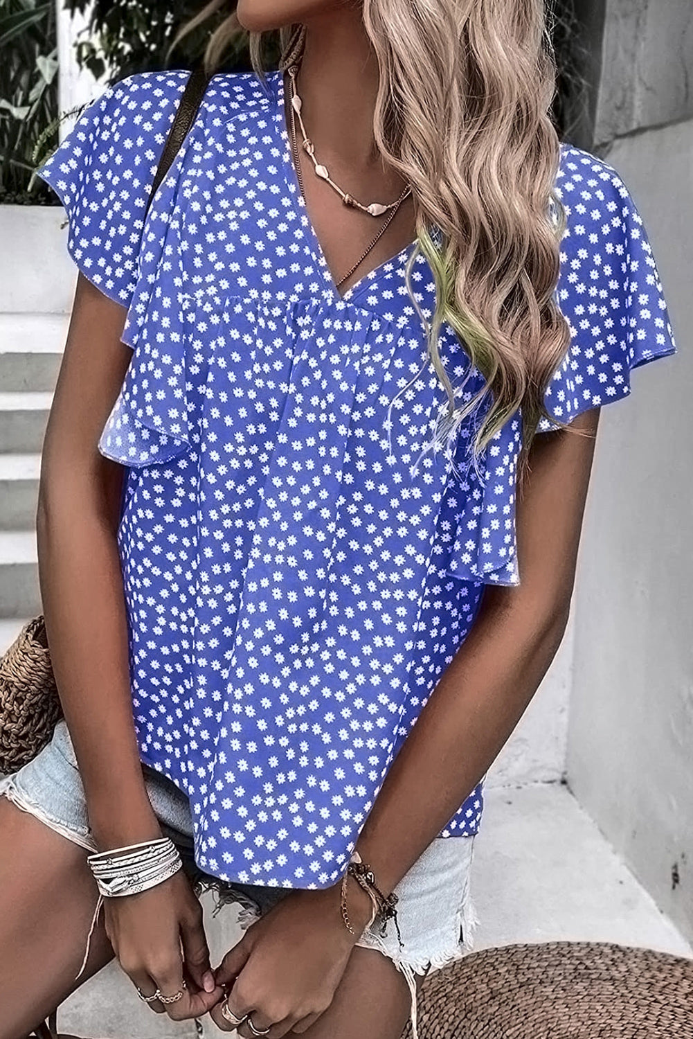 Blue Floral Print V Neck Ruffle Sleeve Blouse