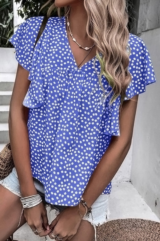 Blue Floral Print V Neck Ruffle Sleeve Blouse