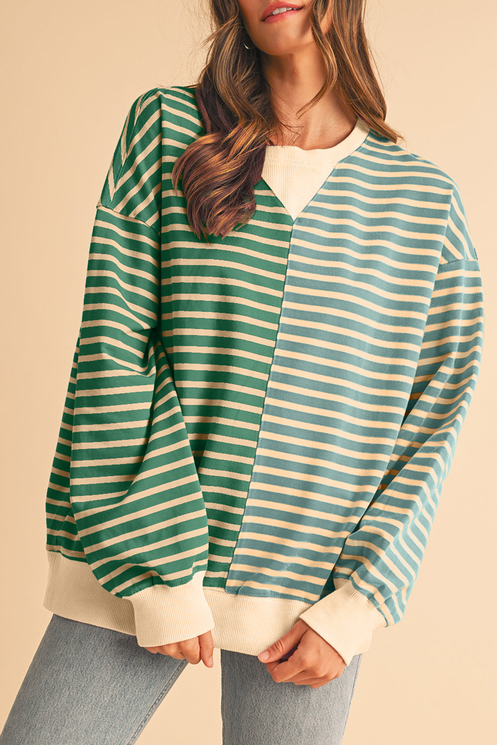 Stripe Colorblock Drop Shoulder Oversize Sweatshirt