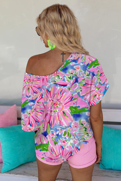 Abstract Floral Print Split V Neck Short Sleeve Blouse