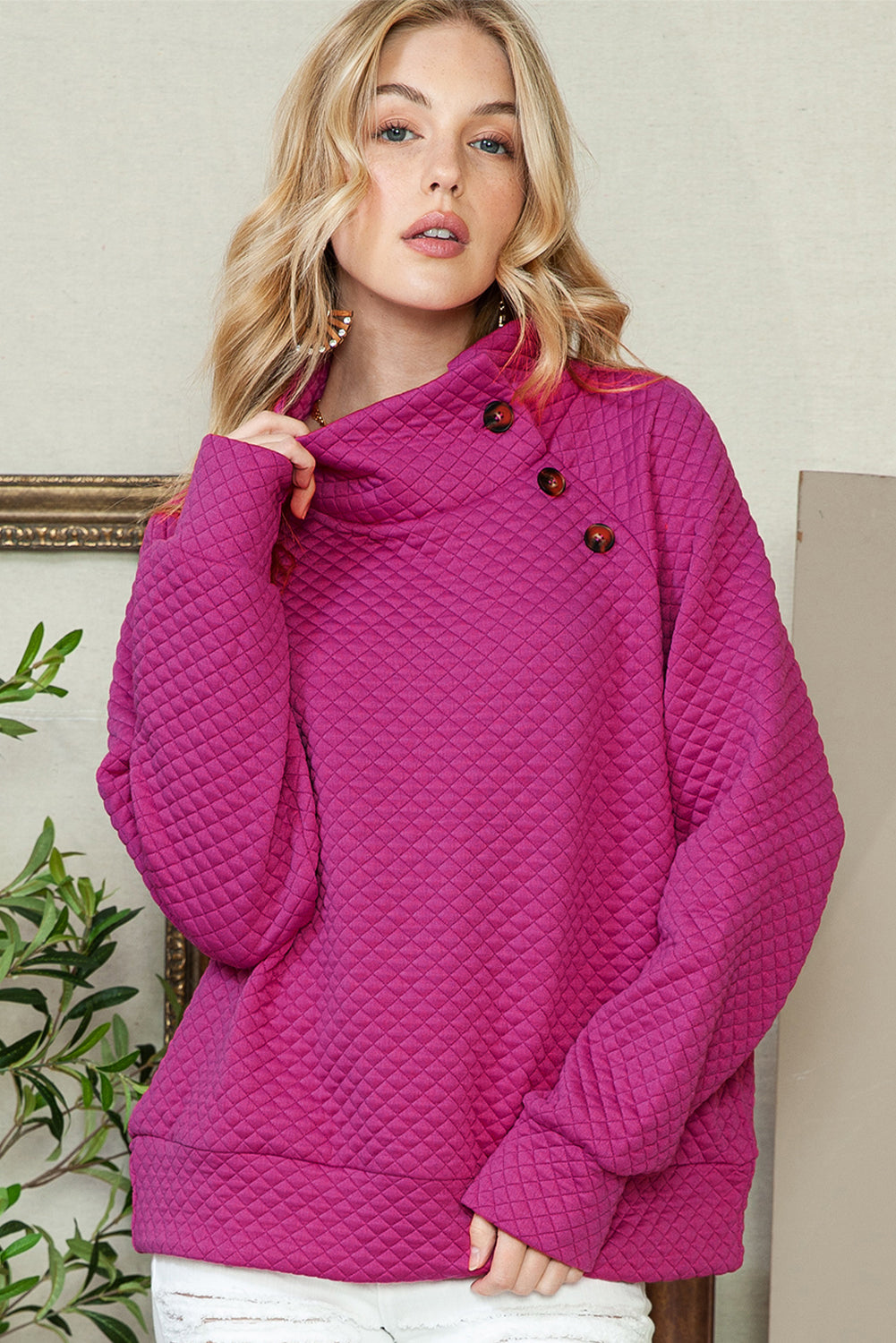 Quilted Buttoned Neck Pullover Sweatshirt