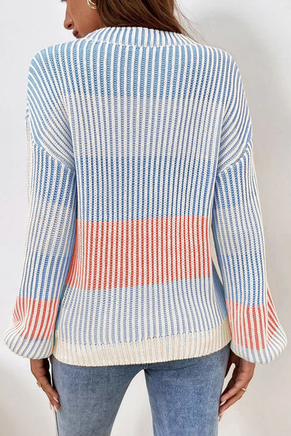 multi Colorblock Lantern Sleeve Rib Knitted Sweater