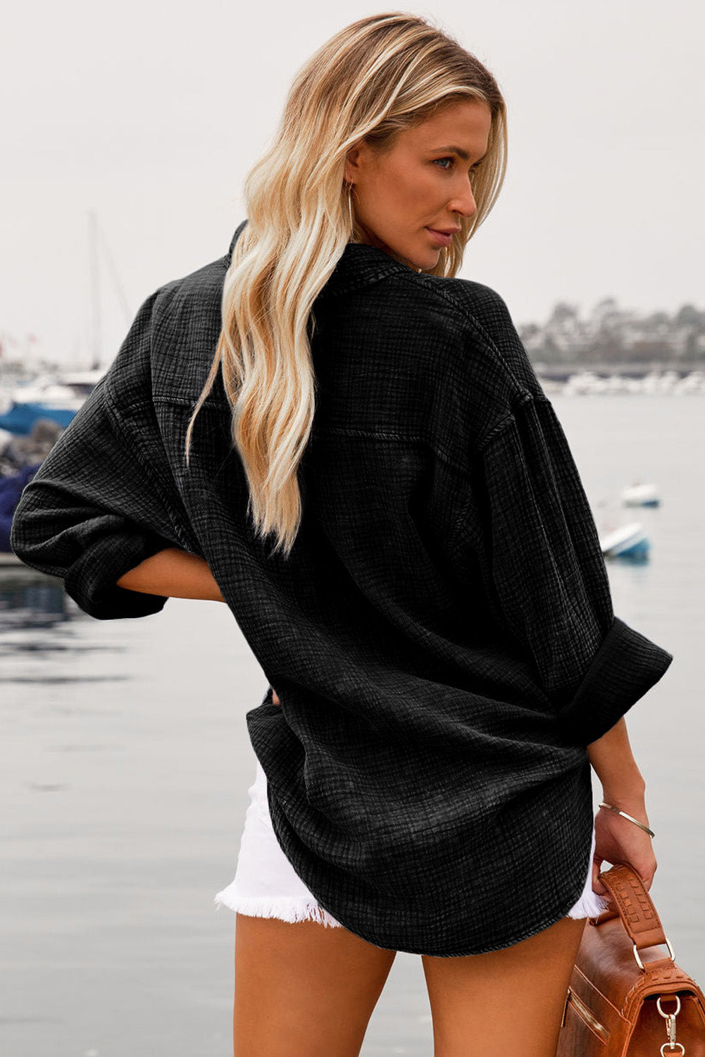 Sky Blue Mineral Wash Crinkle Textured Chest Pockets Shirt