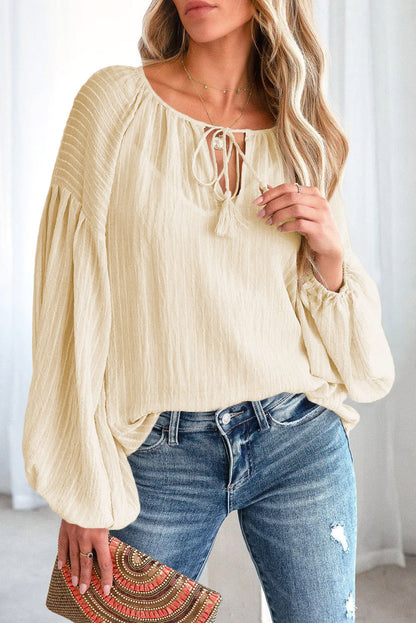 Brown Lantern Sleeve Tassel Drawstring Tie Blouse