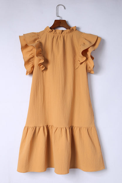 Tiered Ruffled Drawstring V Neck Short Dress With Pockets