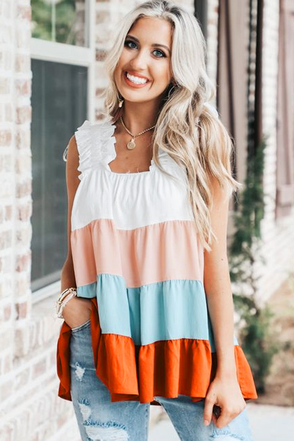 Multicolor Frill Tiered Colorblock Casual A-line Dress