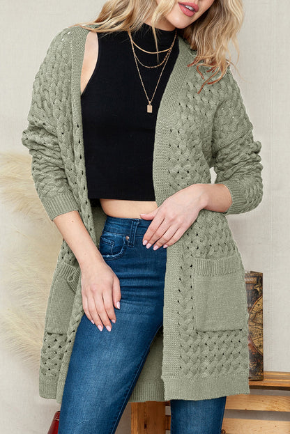 Brown Woven Texture Open Front Pockets Knit Cardigan