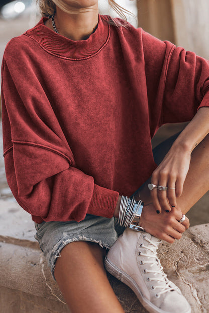 Red Drop Shoulder Crewneck Washed Pullover Sweatshirt