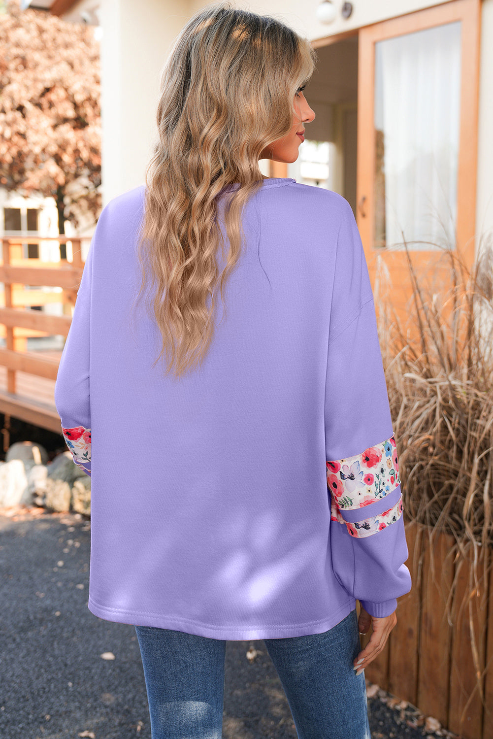 Peach Blossom Flower Applique Patchwork Drop Sleeve Pullover Sweatshirt