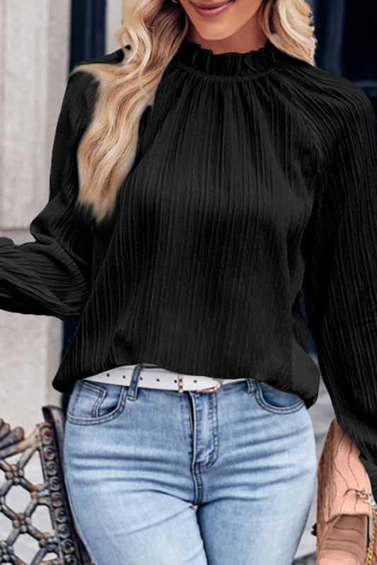 Black or White Frilled Mock Neck Bubble Sleeve Pleated Blouse