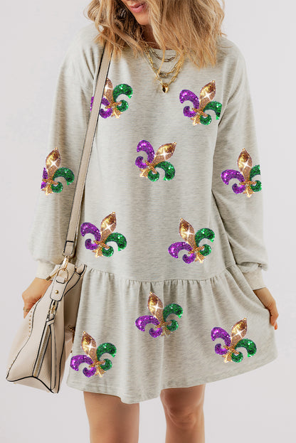 Sequin Mardi Gras Fleur De Lis Graphic Ruffle Hem Mini Dress