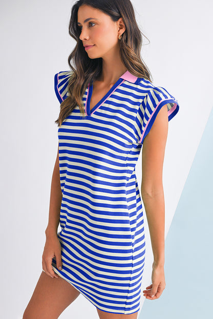 Sachet Pink Striped Ruffle Short Sleeve Pop of Color Neckline Dress