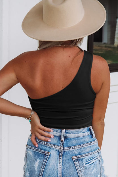 Plain Casual Sleeveless One Shoulder Tie Front Crop Top