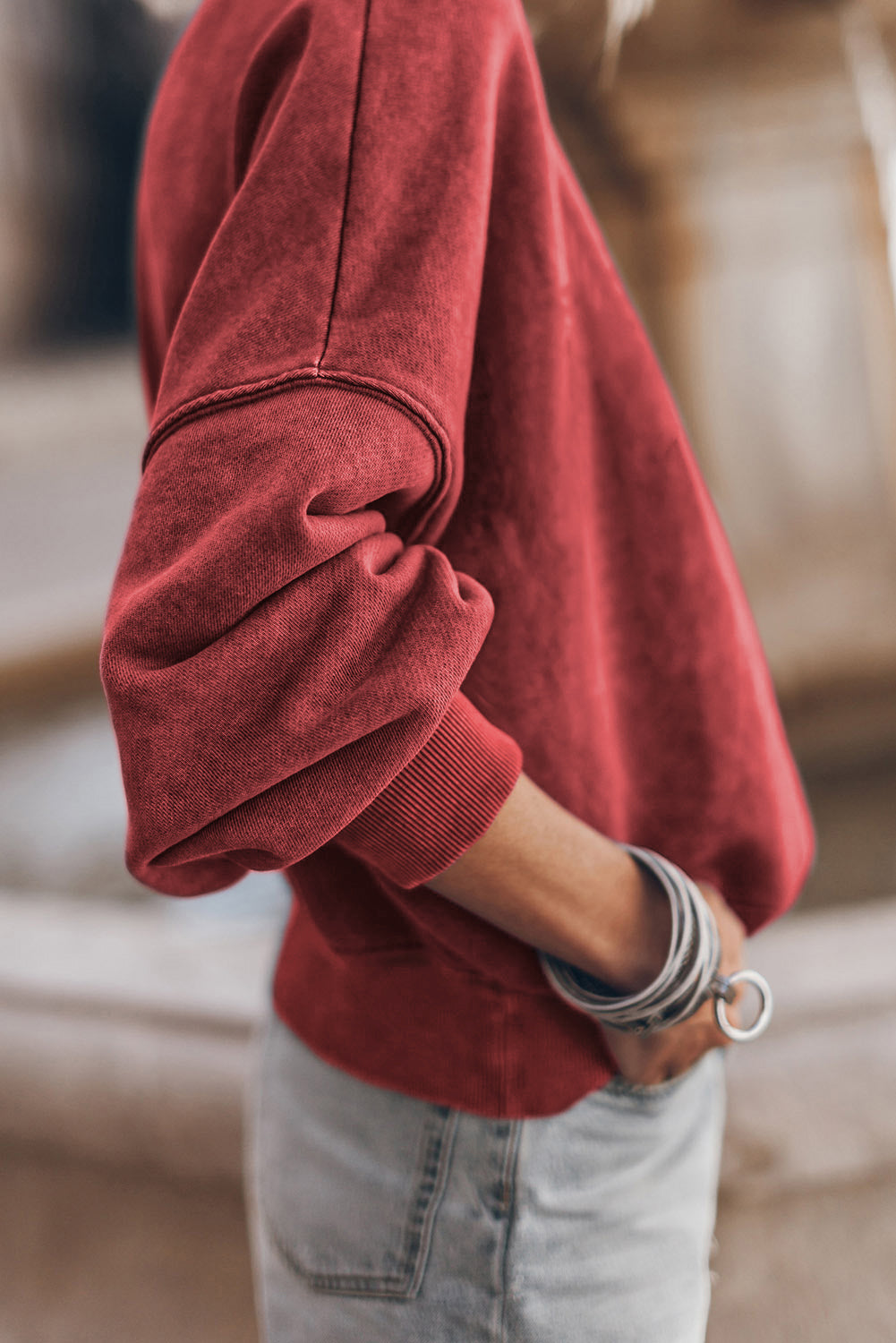Red Drop Shoulder Crewneck Washed Pullover Sweatshirt