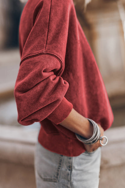 Red Drop Shoulder Crewneck Washed Pullover Sweatshirt
