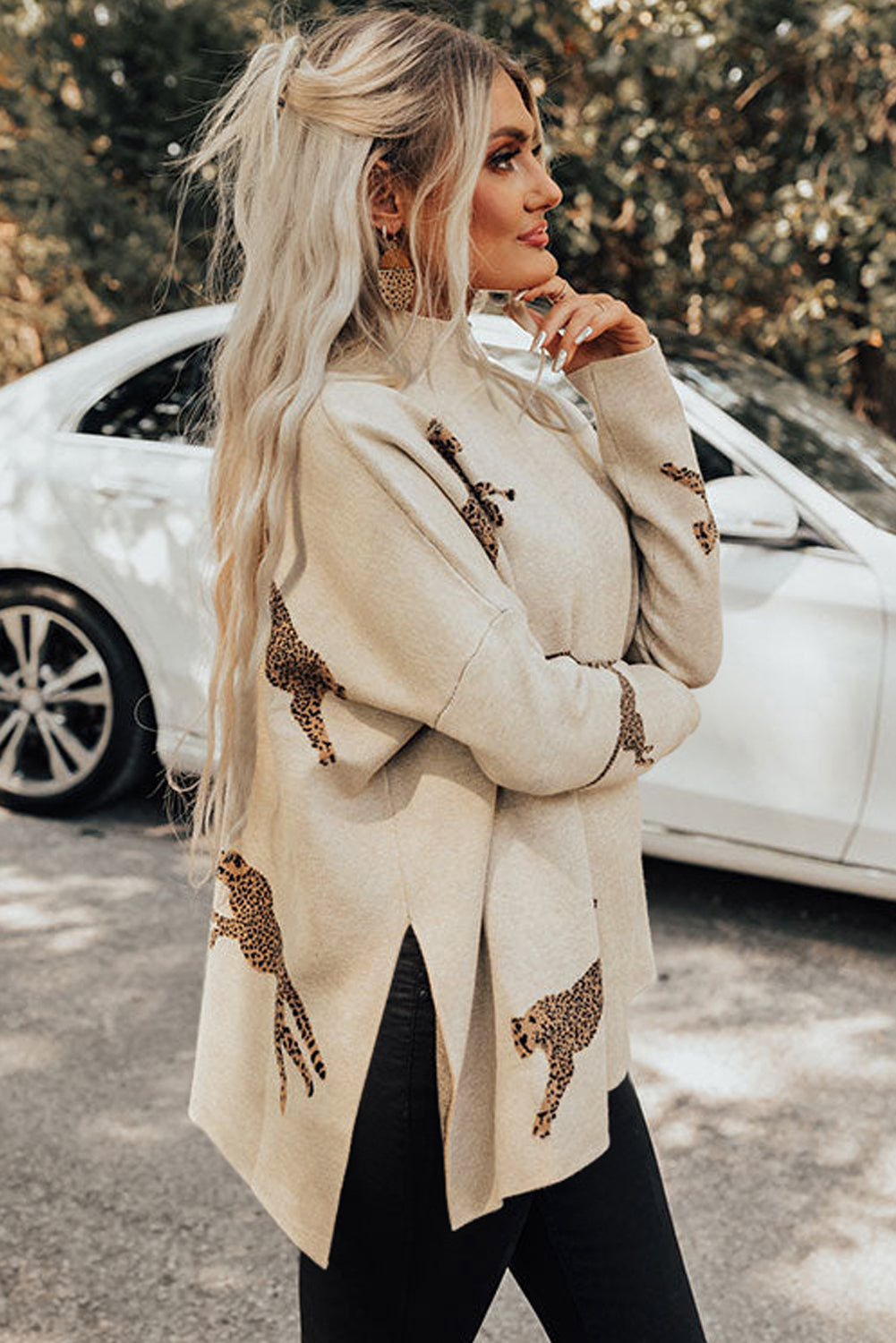 Cheetah Print High Neck Split Hem Sweater