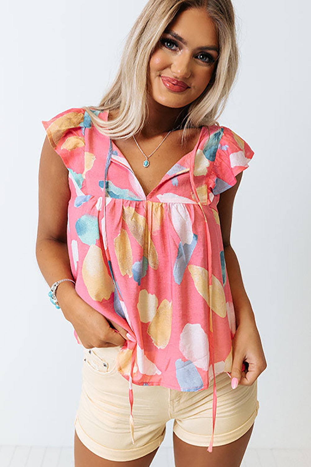 Light Blue Abstract Colorblock Ruffle Sleeveless Blouse