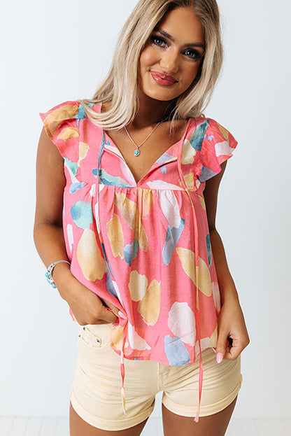 Light Blue Abstract Colorblock Ruffle Sleeveless Blouse