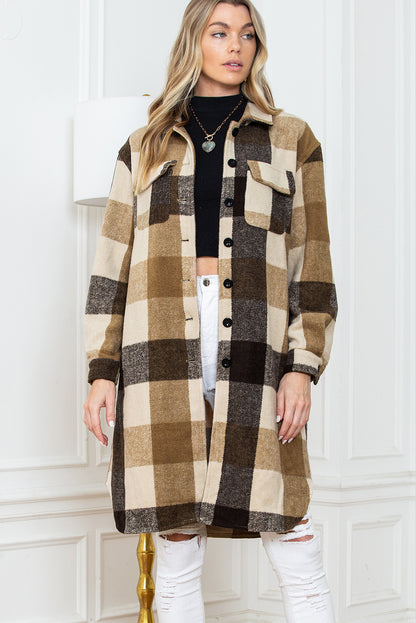 Khaki Plaid Colorblock Button Down Flap Pocket Long Shacket