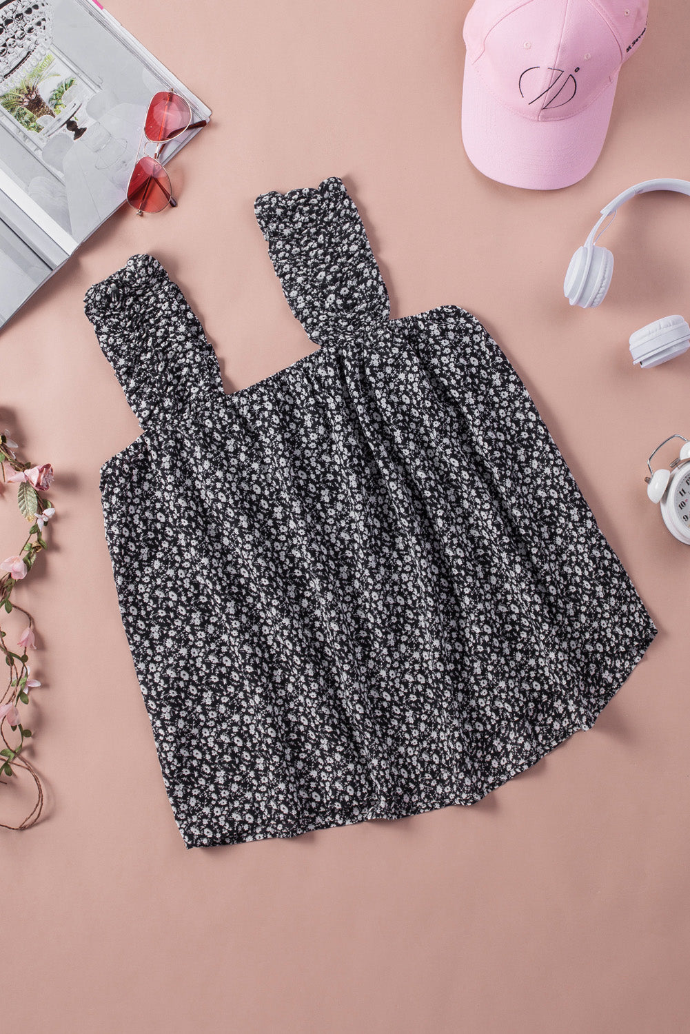 Ditsy Floral Print Ruffle Straps Flowy Boho Summer Top