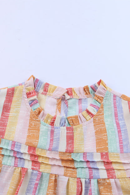 Multicolor Striped Color Block Frill Neck Ruffle Blouse