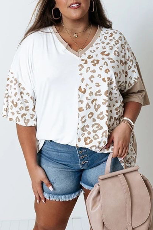 Leopard Patchwork Short Sleeve Plus Size Top