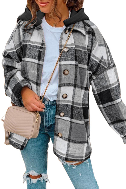 Plaid Button Front Drop Sleeve Hooded Shacket