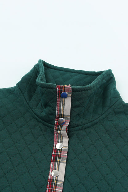 Plaid Geometric Texture Trim Buttons Neck Sweatshirt