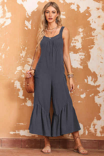 Black Solid Color Pockets Pleated Flare Leg Jumpsuit