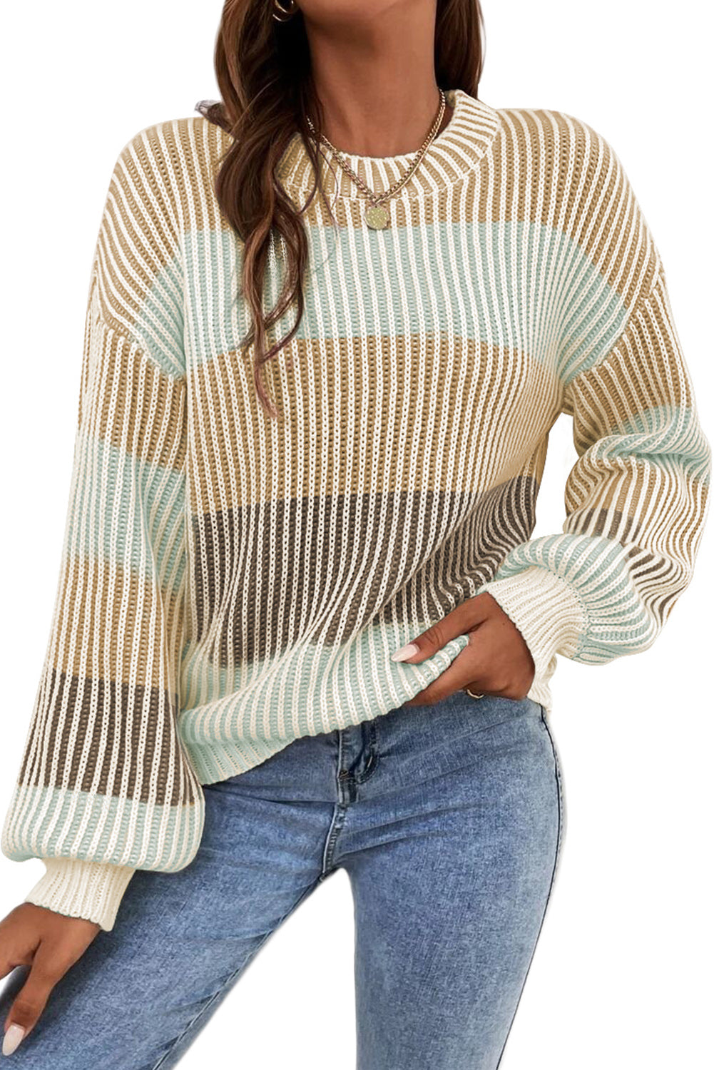 multi Colorblock Lantern Sleeve Rib Knitted Sweater