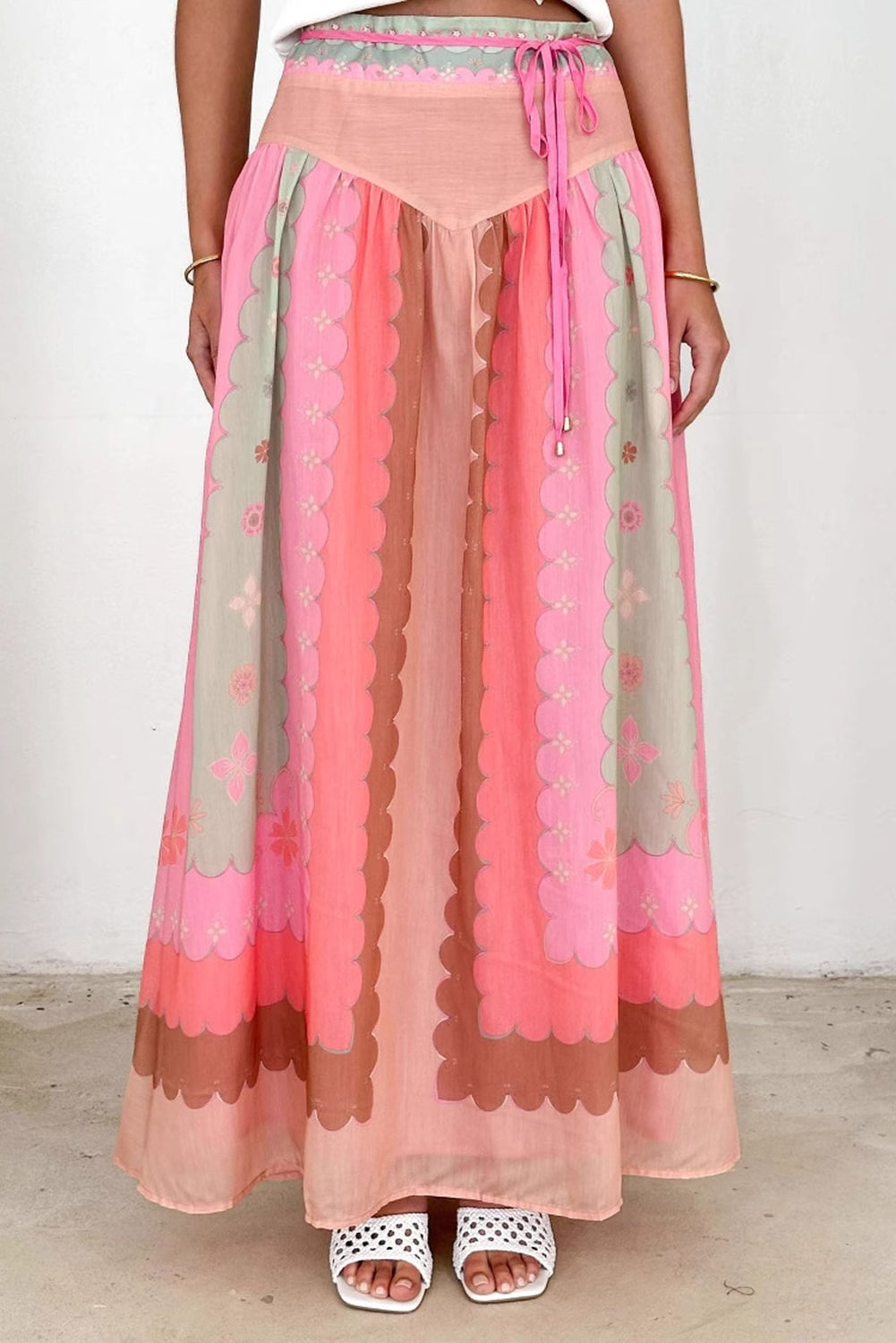 Pink Floral Colorblock Tie High Waist Maxi Skirt