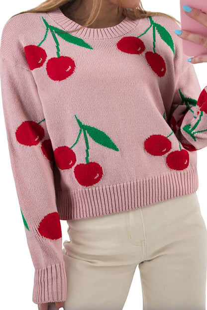 Pink Cherry Print Round Neck Knit Sweater
