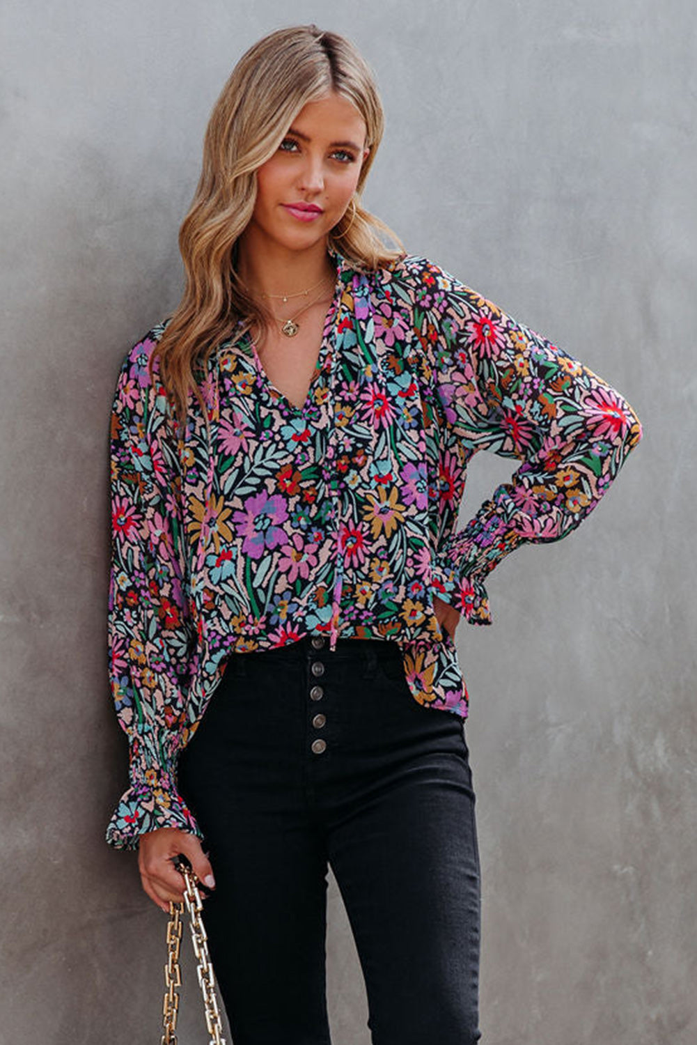 Multicolor Floral Boho Tie V Neck Peasant Blouse