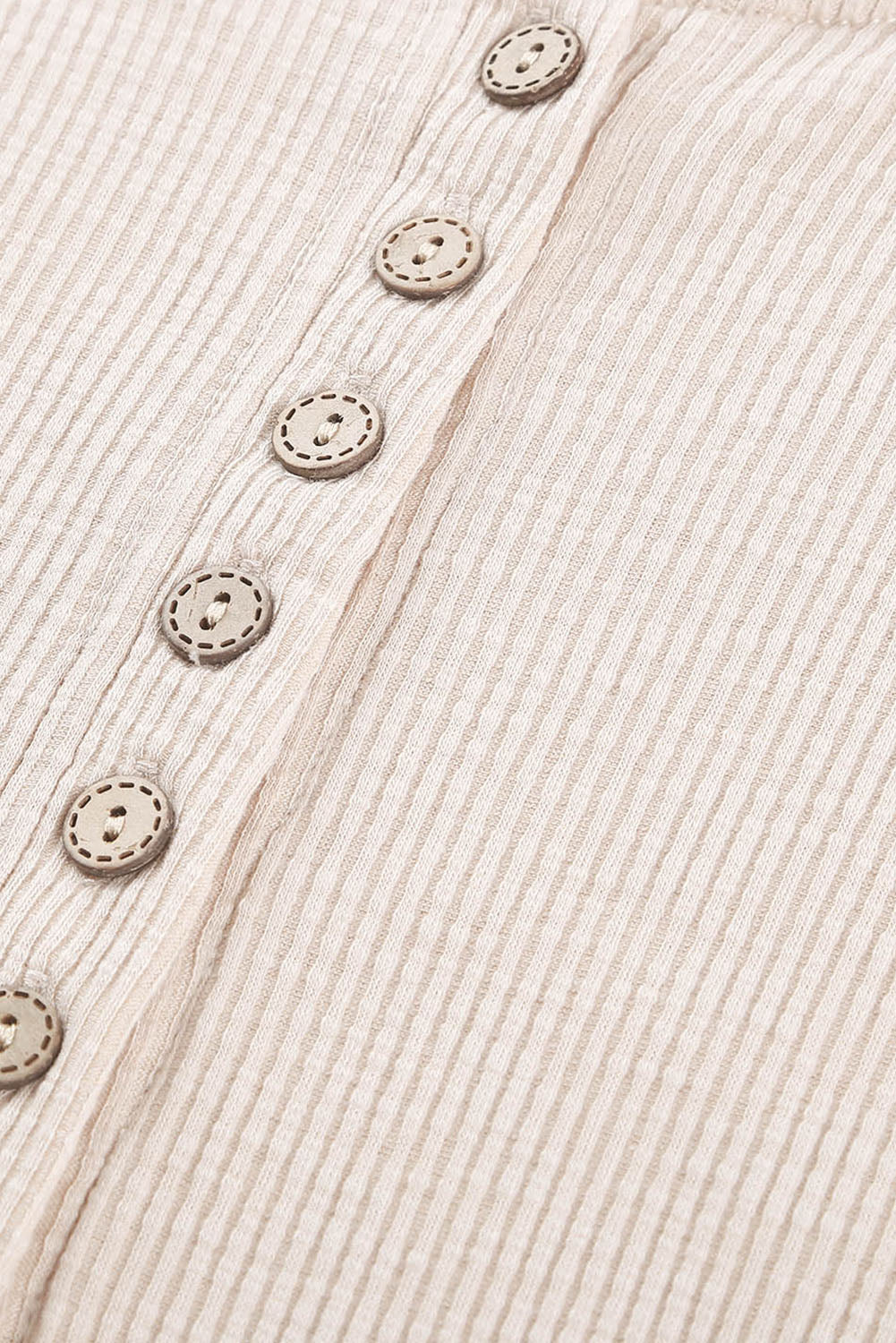 Beige Ribbed Lace Crochet Long Sleeve Henley Shirt for Women