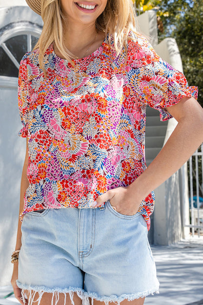 Multicolor Floral Print Smocked Cuffs Long Sleeve Blouse