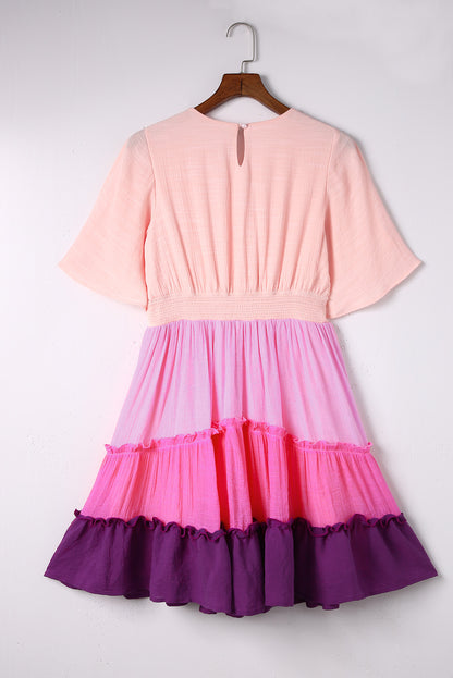 Multicolor Frill Tiered Colorblock Casual A-line Dress
